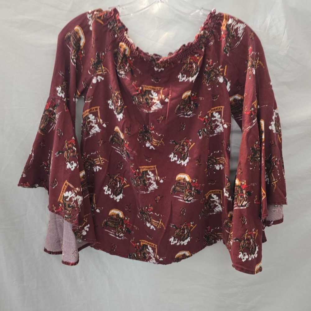 Panhandle Women's All-Over Cowboy Stagecoach Design Ruffle Bell Sleeves Size S - Picture 7 of 12
